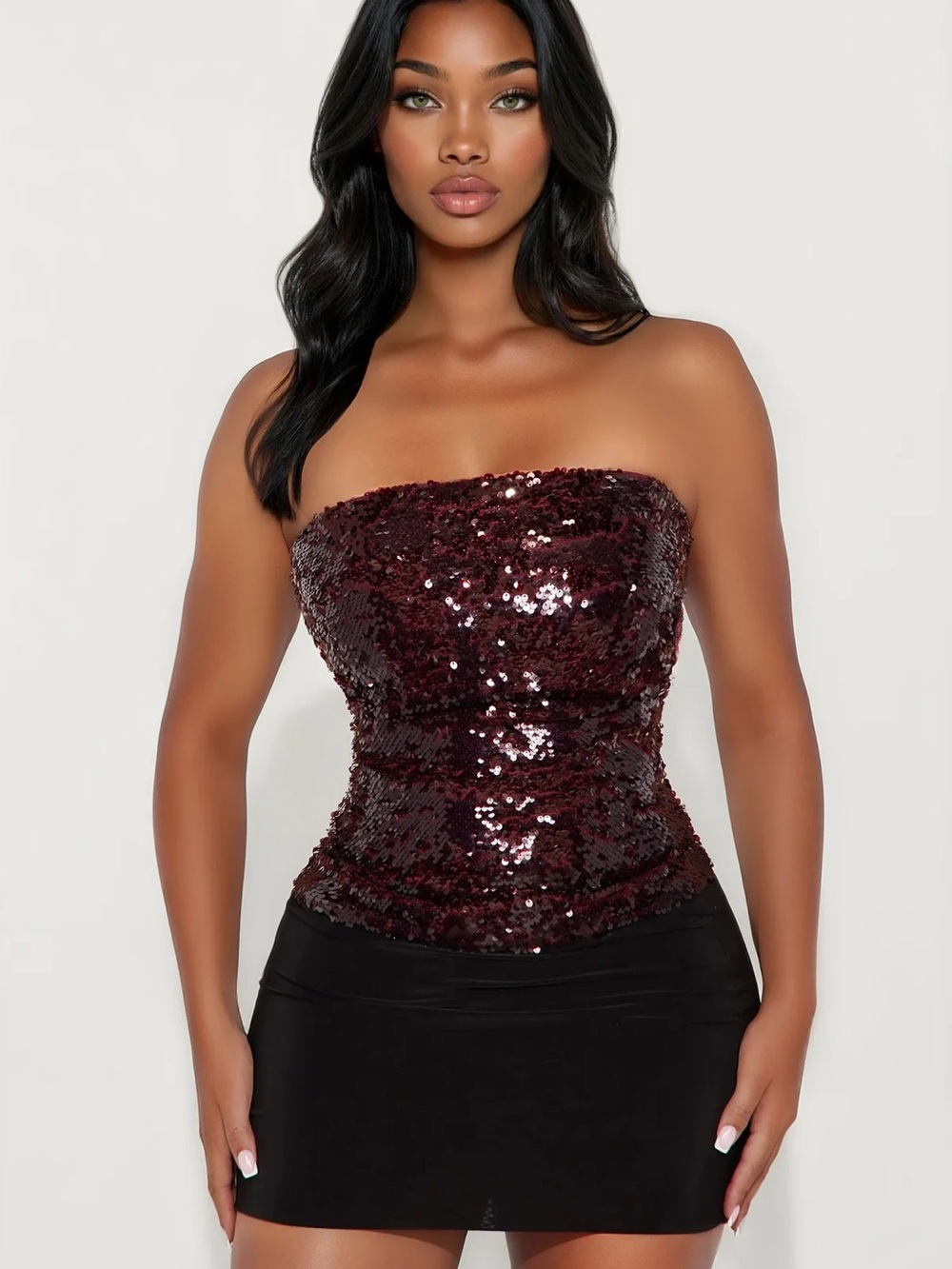 Fashion Nova Burgundy Sequin Strapless Top